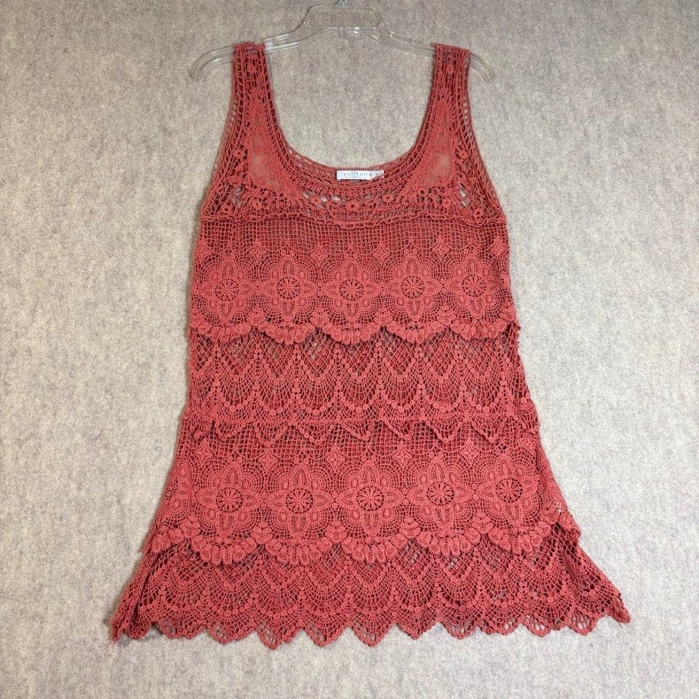 Solitaire Crochet Tank Top Womens S Rust Cotton Lace Tiered Boho Festival Chic